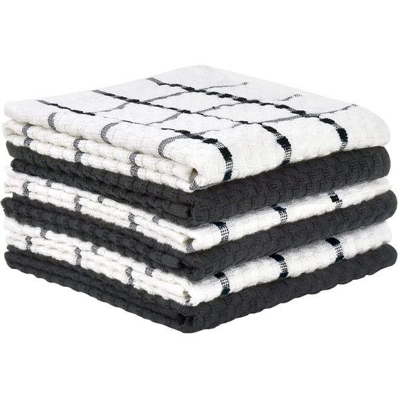 KKFEN-Kitchen Dish Towels, 100% Cotton Dobby Weave Terry Towel Set, 15" X 25", 6 Pack Soft and Absorbent Multipurpose Dish Cloth, Hand Towel and Cleaning, Washable (Black and White)