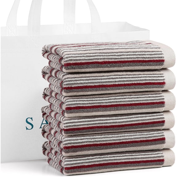 KKFEN-Kitchen Dish Towels for Drying Dishes, Large Cotton Kitchen Towels, Stripped Terry Dish Cloths, Thick Highly Absorbent Towel Sets with Hanging Loop, 16" X 26", 6 Packs, Grey with Wine Red