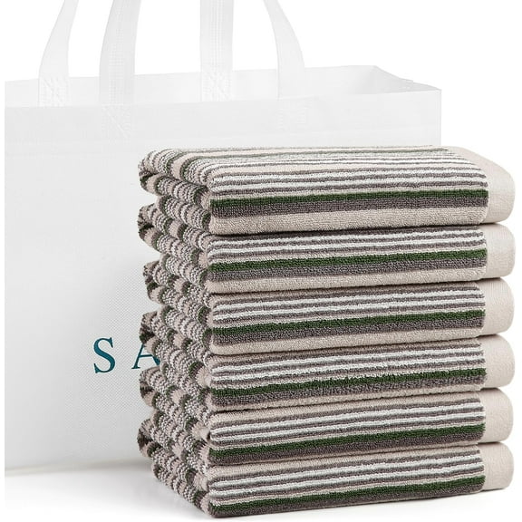 KKFEN-Kitchen Dish Towels for Drying Dishes, Large Cotton Kitchen Towels, Stripped Terry Dish Cloths, Thick Highly Absorbent Towel Sets with Hanging Loop, 16" X 26", 6 Packs, Grey with Green