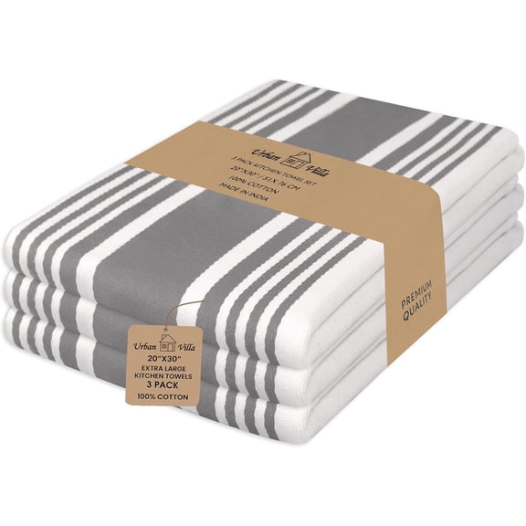 KKFEN-Kitchen Towels 100% Cotton Dish Towels for Kitchen (Set of 3) 20x30 Dish Cloths Highly Absorbent Kitchen Linen Set with Hanging Loop Perfect for Drying Dishes Cleaning Towels-Grey W