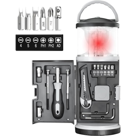 KKFEN-LED Camping Lantern with 15PCS Car Tool Kit, Survival Gear Hiking, Portable Emergency Set Kit with Screwdriver Set Kit Tool, Fishing Gear for Outdoors, Men/Dad Birthday Gift(AA Batteries Not In