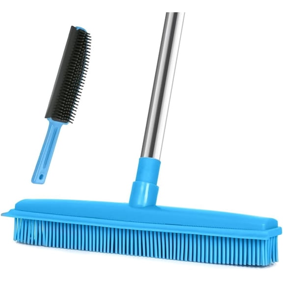 KKFEN-Landhope Fur Remover Broom, Rubber Broom with Squeegee Long Handle, 50 inches Sweeping Rug Brush Clean Carpet Windows Wooden Floor Sofa Bathroom Rugs Car Floor No Scratch