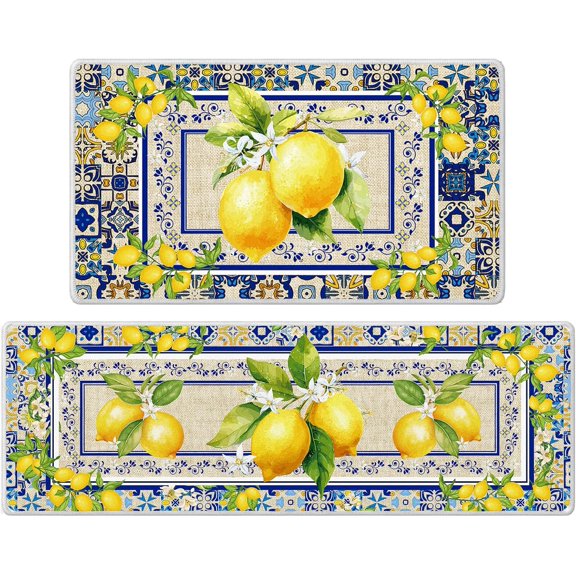 KKFEN-Lemon Kitchen Mats Set of 2, Mediterranean Kitchen Rugs Non Slip for Floor, Amalfi Coast Decor Yellow and Blue Decorative Rug for Home (16x28 +16x47 Inches)
