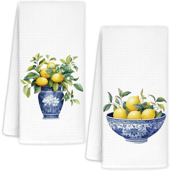 KKFEN-Lemon Kitchen Towels Set of 2, Italian Amalfi Coast Lemons Tree Dish Tea Towels for Kitchen Decor, Chinoiserie Amalfi Coast Decor Hand Towels for Bathroom, Lemon Gifts 16x24 Inch