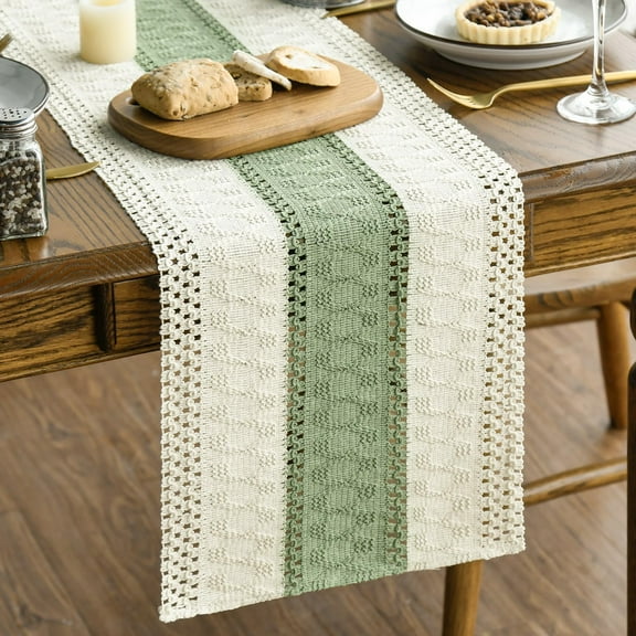 KKFEN-Light Green Farmhouse Rustic Table Runner, Seasonal Holiday Hollow Kitchen Dining Table Decoration for Home Party Decor 12x90 Inch