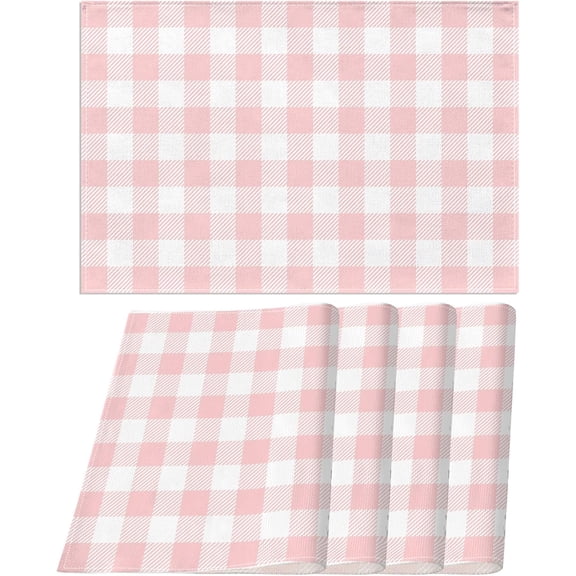 KKFEN-Linen Pink and White Buffalo Check Plaid Placemats Set of 4 Gingham Pink Farm Birthday Party Easter Place Mats for Home Kitchen Dining Table Decoration (12" x 18")