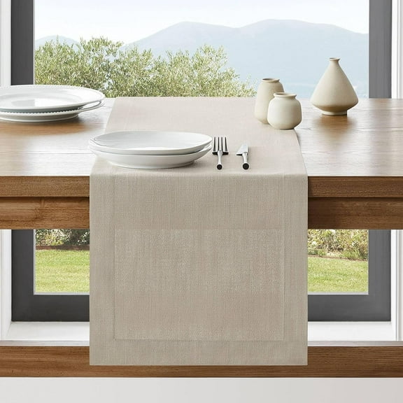 KKFEN-Linen Textured Border Table Runner, 14 x 72 Inch Natural, Farmhouse Style Neutral Table Runners 72 Inches Long, Easy Care Everyday Polyester Table Runner