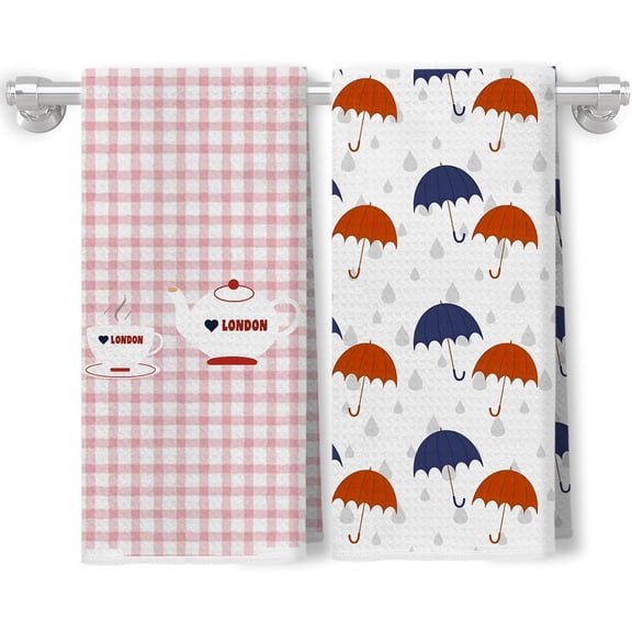 KKFEN-London British Gifts Kitchen Towels, London Souvenirs Travel Gifts Dish Tea Towels, Vintage Tea Time Umbrella Decorative Hand Towel for Kitchen, 16x24 Inch Set of 2