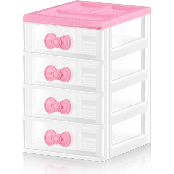 KKFEN-Lovely Receiving Storage Cabinets Kawaii Makeup Organizer with 4 Layers Cute Storage Cabinet Box with Bow Handle Plastic Desktop Storage Box for Home Bedroom Bathroom Women Gifts(Clear)