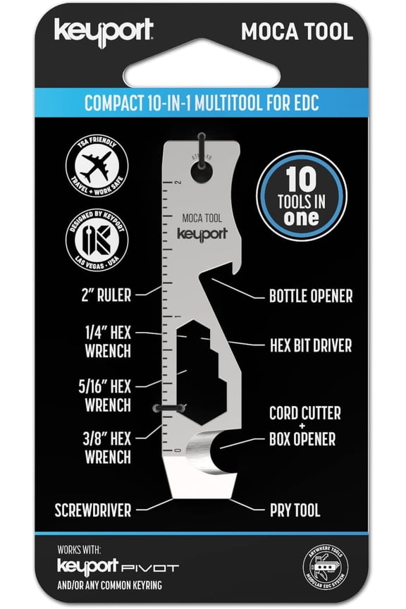-MOCA 10-in-1 Keychain Multitool (Stainless) | EDC Multi Tool: Pry Bar, Bottle Opener, Screwdriver, Box Opener, Cord Cutter & More | TSA Key Tool | EDC Gear | For Key Organizer & Key Chain