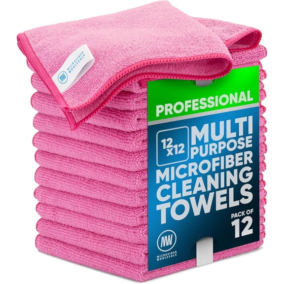 KKFEN-MW PRO Microfiber Cleaning Cloths Pink (12 Pack, 12x12) - Commercial Janitorial Towels & Lint Free Rags - Heavy Duty for Auto Detailing, Glass Windows, Housekeeping & Screens - Washable 300+ Ti