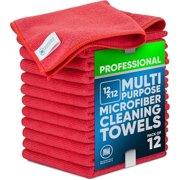 KKFEN-MW PRO Microfiber Cleaning Cloths Red (12 Pack, 12x12) - Commercial Janitorial Towels & Lint Free Rags - Heavy Duty for Auto Detailing, Glass Windows, Housekeeping & Screens - Washable 300+ Tim