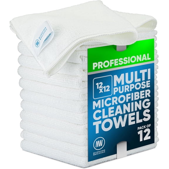 KKFEN-MW PRO Microfiber Cleaning Cloths White (12 Pack, 12x12) - Commercial Janitorial Towels & Lint Free Rags - Heavy Duty for Auto Detailing, Glass Windows, Housekeeping & Screens - Washable 300+ T