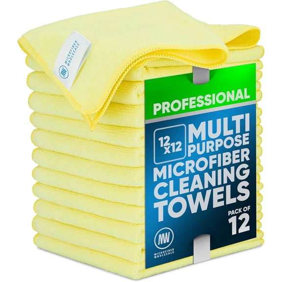 KKFEN-MW PRO Microfiber Cleaning Cloths Yellow (12 Pack, 12x12) - Commercial Janitorial Towels & Lint Free Rags - Heavy Duty for Auto Detailing, Glass Windows, Housekeeping & Screens - Washable 300+