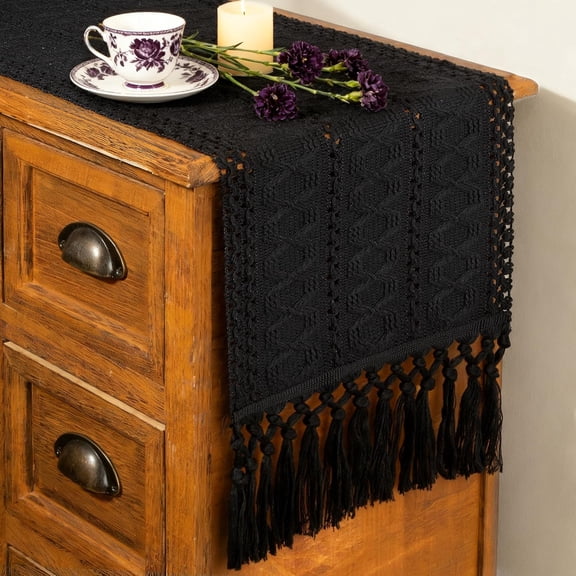 KKFEN-Macrame Black Table Runner with Tassels 108 Inches Long Boho Farmhouse Decor with Tassels for Bohemian Dining Bedroom Rustic Wedding Party Bridal Shower (12x108 Inches)