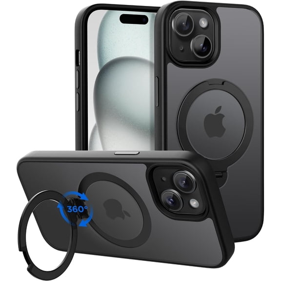 KKFEN-Magnetic Case for iPhone 15 6.1 inch with 360 Rotatable Ring Stand, Compatible with MagSafe Car Phone Mount, Cases Cover Phone Holder for Desk Meeting/Videos Matte Black