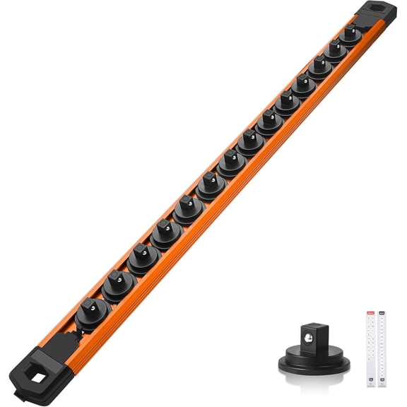 KKFEN-Magnetic Socket Organizer, 1/4" Drive Aluminum Alloy Socket Rail, Heavy Duty Magnetic Socket Holder with 14PC 360 Swivel Removable Clips, Magnetic Socket Rack for Tool Box Drawer, Orange