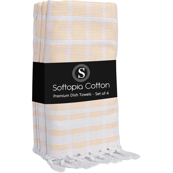 KKFEN-Matrix Dobby Kitchen Towels 4 Pack, 100% Cotton, 16x26 Inches, Absorbent Tea Towels with Handmade Tassels, Reusable Washable Cloths for Quick Drying and Cleaning - Pale Yellow, White
