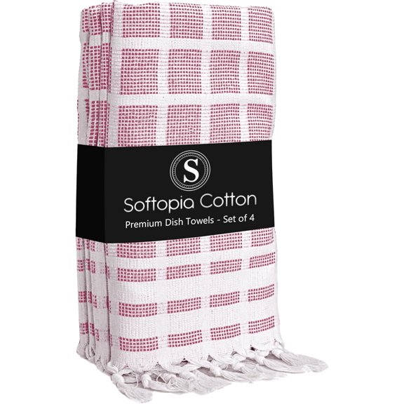 KKFEN-Matrix Dobby Kitchen Towels 4 Pack 100% Cotton, 16x26 Inches, Decorative Tea Towels with Handmade Tassels, Absorbent Reusable Dish Cloths for Kitchen Drying - Burgundy Wine, Natural