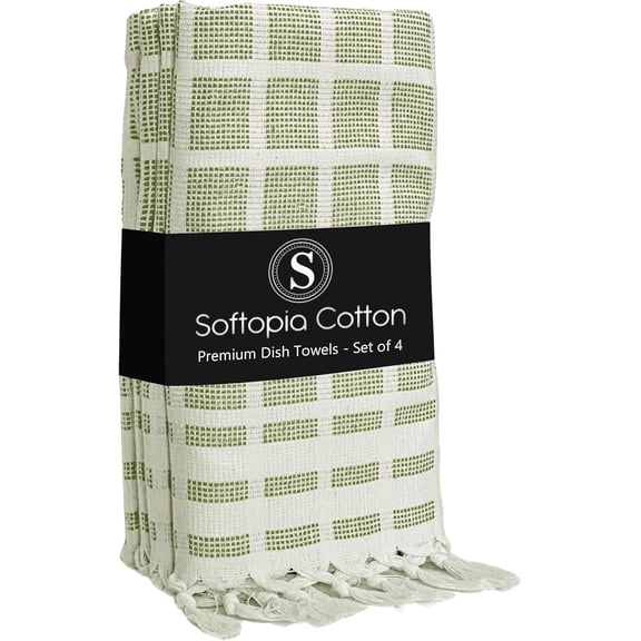 KKFEN-Matrix Dobby Kitchen Towels 4 Pack 100% Cotton, 16x26 Inches, Fast Drying, Absorbent Dish Towels with Handmade Tassels, Reusable Cleaning Cloths for Daily Use - Mint Green, White