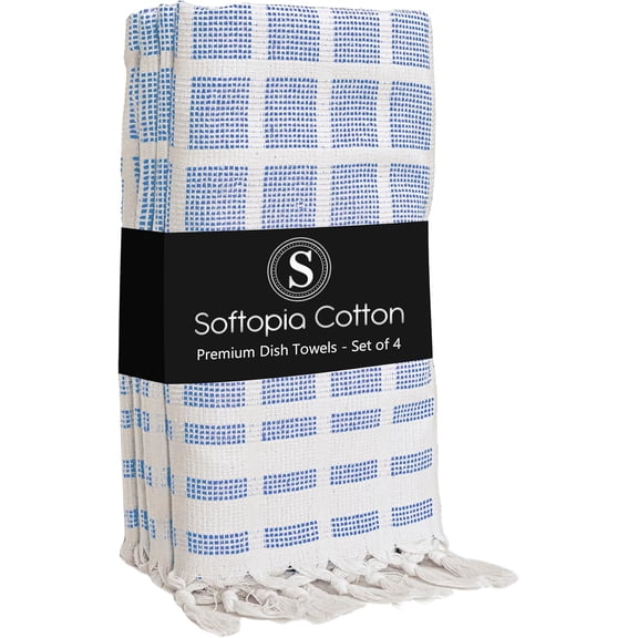 KKFEN-Matrix Dobby Kitchen Towels 4 Pack, 100% Cotton, 16x26 Inches, Handmade Knotted Tassel Dish Towels, Quick Dry, Durable, Absorbent and Reusable Cleaning Cloths - Sky Blue, Natural