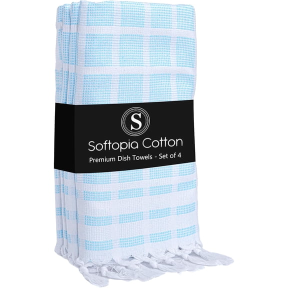 KKFEN-Matrix Dobby Kitchen Towels 4 Pack, 100% Cotton, 16x26 Inches, Handmade Knotted Tassel Tea Towels, Reusable & Absorbent Wash Rags for Drying and Cleaning - Aqua Blue, White