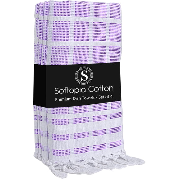 KKFEN-Matrix Dobby Kitchen Towels 4 Pack, 16x26 Inches, 100% Cotton, Absorbent Reusable Dish Cloths with Handmade Tassels, Washable Hand Towels for Drying - Lavender, White