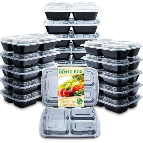 KKFEN-Meal Prep Containers with Lids 20 Pack 3 Compartment Food Storage Bento Lunch Box BPA Free, Reusable, Microwave/Dishwasher/Freezer Safe, 24oz Black Small