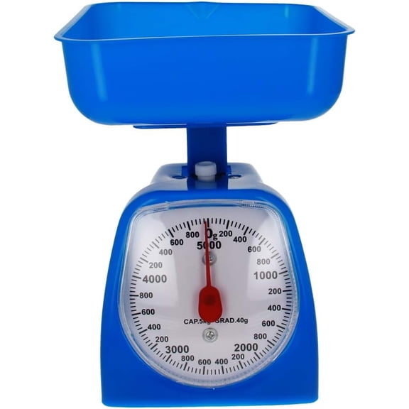 KKFEN-Mechanical Kitchen Scale - Diet Food Scale - with Pounds & Kilogram Measurements - Measuring Range 5000g Accuracy 5g with Tray Blue