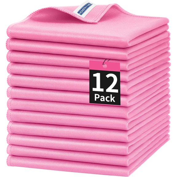 KKFEN-Microfiber Cleaning Cloth, 12 Pack Window Glasses Cleaning Cloth, Reusable Lint-Free Streak Free Polishing Cloth Wipes for Stainless Steel, Eyeglasses, Mirrors, Screens & Lenses,12"*12" Pink