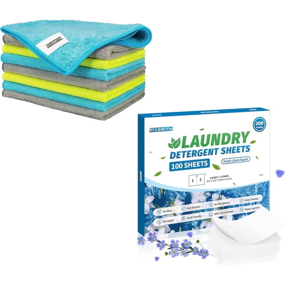 KKFEN-Microfiber Cleaning Cloth - Pack of 8 & Laundry Detergent Sheets - 200 Loads (100 Sheets) Fresh Linen Scent - Hypoallergenic, Eco Friendly, Ultra-Concentrated Travel Detergent Sheets