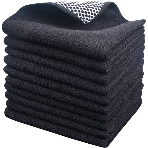 KKFEN-Microfiber Dish Cloth for Washing Dishes Dish Washing Rags Best Kitchen Washcloth Cleaning Cloths Wash Cloths with Poly Scour Side 12Inchx12Inch 10 Pack Black
