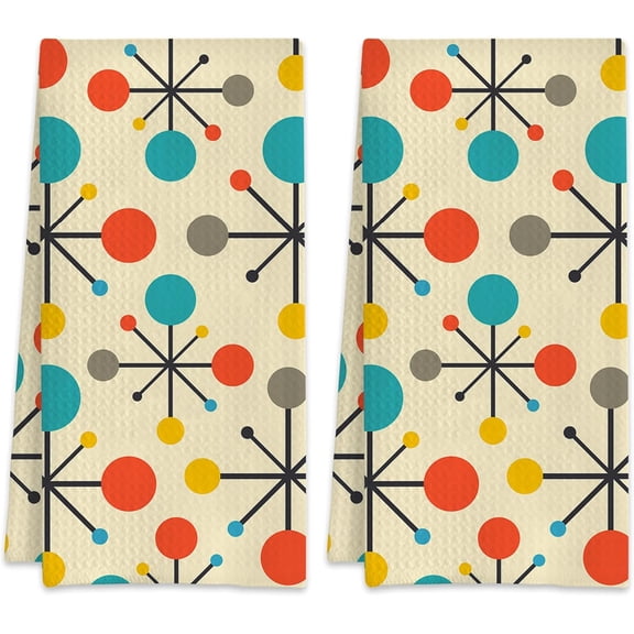 KKFEN-Mid Century Fifties Modern Atomic Retro Colors Kitchen Towels Set of 2,Quick Dry Microfiber Cloth Dish Towel Drying Hand Towels for Kitchen Gifts for Women Men 16" x 24"