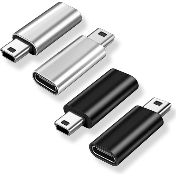 KKFEN-Mini USB 2.0 to USB C Adapter (4 Pack), USB Type C Female to Mini USB Male Converter Connector for Digital Camera, MP3 Players, Dash Cam, GPS Receiver and More (Black+Silver)