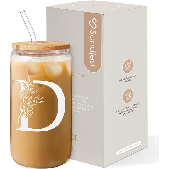 KKFEN-Monogrammed Gifts for Women - Monogram D Initial Glass Cup 16 Oz Can Coffee Cups with Lid and Straw - Monogram Initials Gifts for Womens on Birthday