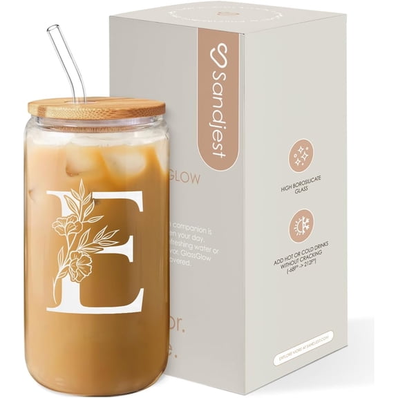 KKFEN-Monogrammed Gifts for Women - Monogram E Initial Glass Cup 16 Oz Can Coffee Cups with Lid and Straw - Monogram Initials Gifts for Womens on Birthday