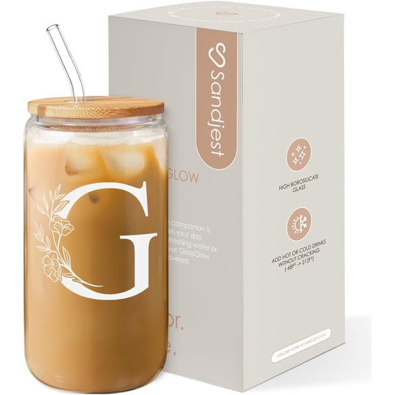 KKFEN-Monogrammed Gifts for Women - Monogram G Initial Glass Cup 16 Oz Can Coffee Cups with Lid and Straw - Monogram Initials Gifts for Womens on Birthday