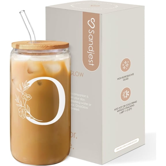 KKFEN-Monogrammed Gifts for Women - Monogram O Initial Glass Cup 16 Oz Can Coffee Cups with Lid and Straw - Monogram Initials Gifts for Womens on Birthday