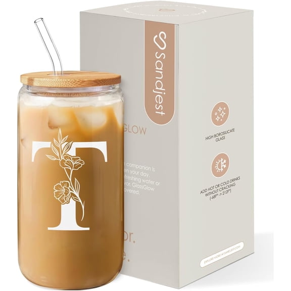 KKFEN-Monogrammed Gifts for Women - Monogram T Initial Glass Cup 16 Oz Can Coffee Cups with Lid and Straw - Monogram Initials Gifts for Womens on Birthday