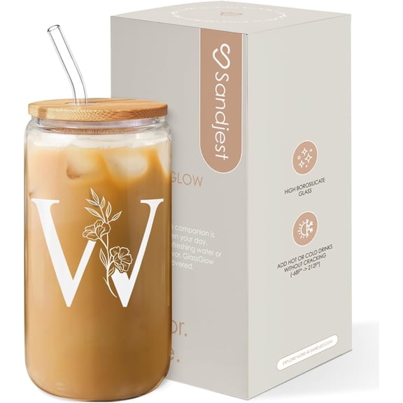 KKFEN-Monogrammed Gifts for Women - Monogram W Initial Glass Cup 16 Oz Can Coffee Cups with Lid and Straw - Monogram Initials Gifts for Womens on Birthday