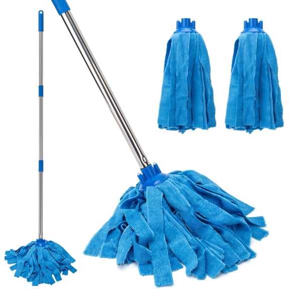 KKFEN-Mop, Microfiber Cloth Mops for Floor Cleaning, One Pole with Two Microfiber Cloth Wet Mop Refills, String Mop with 49" Long Handle, Blue (1 Handle & 2 Mop Heads)