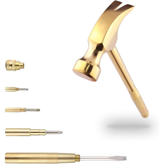 KKFEN-Multifunction Hammer 6 in 1 with Slotted/Flat Head Phillips Screwdriver Claw Hammer Manual, Portable Metal Mini Tool Hammer (Gold)