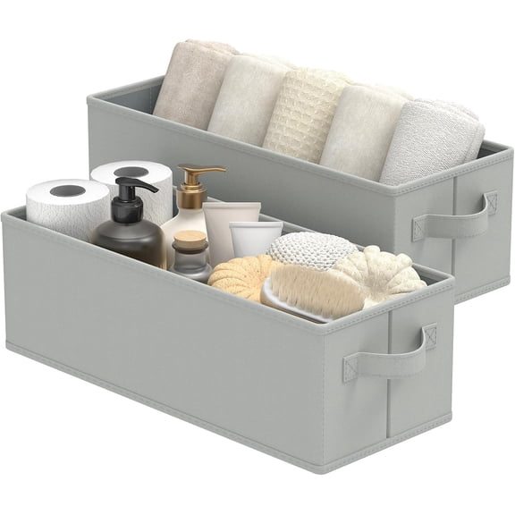 KKFEN-Narrow Storage Bins, Small Fabric Organizer with Handles, Foldable Basket for Closet and Shelves, Toilet Paper Storage, 2 Pack, Grey, 15 x 6 x 5 In, XSNY19G-2