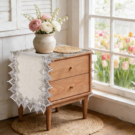 KKFEN-Natural Linen Table Runner Short 16 x 36 inches, Spring Neutral Beige Lace Coffee Table Runners, Nightstand Cover Top, Dresser Scarf for Side End Table, Wedding Valentines Party Decor