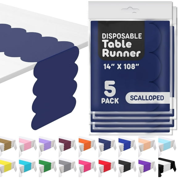 KKFEN-Navy Blue Plastic Disposable Table Runner. 5 Pack 14 x 108 inch. Scallop Table Runner Adds A Pop of Color to Your Party Table, by