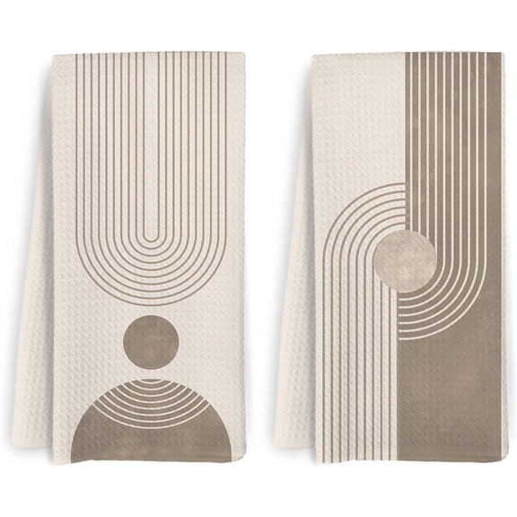 KKFEN-Neutral Beige Boho Sun Abstract Kitchen Towels and Dishcloths Set of 2, Mid Century Modern Dish Towels, Bohemian Abstract Decorative Hand Tea Towel for Bathroom Kitchen, 16x24 Inch