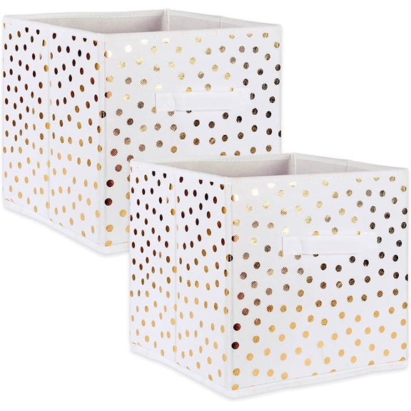 KKFEN-Non Woven Polyester Storage Bin, Polka Dot, White & Gold, Large Set of 2