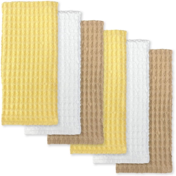 KKFEN-Nora Waffle Weave Set of 6 Kitchen Towels, Recycled Cotton Poly Blend, Ultra Soft Absorbent Quick Dry Cleaning Cloth, 18 x 28 Inch Hand Dish Towel, Yellow/White/Tan