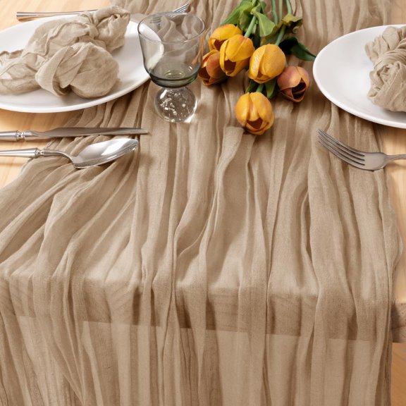 KKFEN-Nude Cheesecloth Table Runner 10ft Boho Gauze Taupe Cheese Cloth Table Runner Rustic Neutral Centerpiece Decor 35x120 Inches for Wedding Farmhouse Reception Home Decor