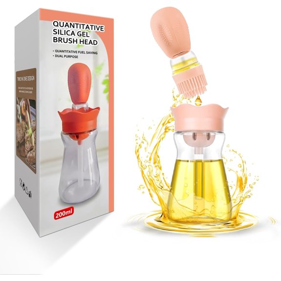 KKFEN-Oil Dispenser Bottle with Silicone Brush, 200ML 2 in 1 Silicone Dropper Measuring Oil Dispenser Bottle for Kitchen Cooking, Frying, Baking, BBQ Pancake, Air Fryer, Marinating - Cream White